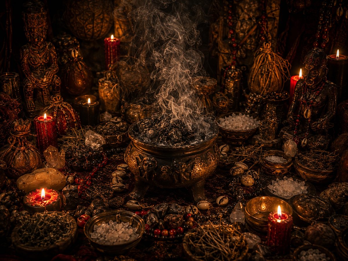 Rituel de désenvoûtement : brasero fumant entouré de sel et de cristaux