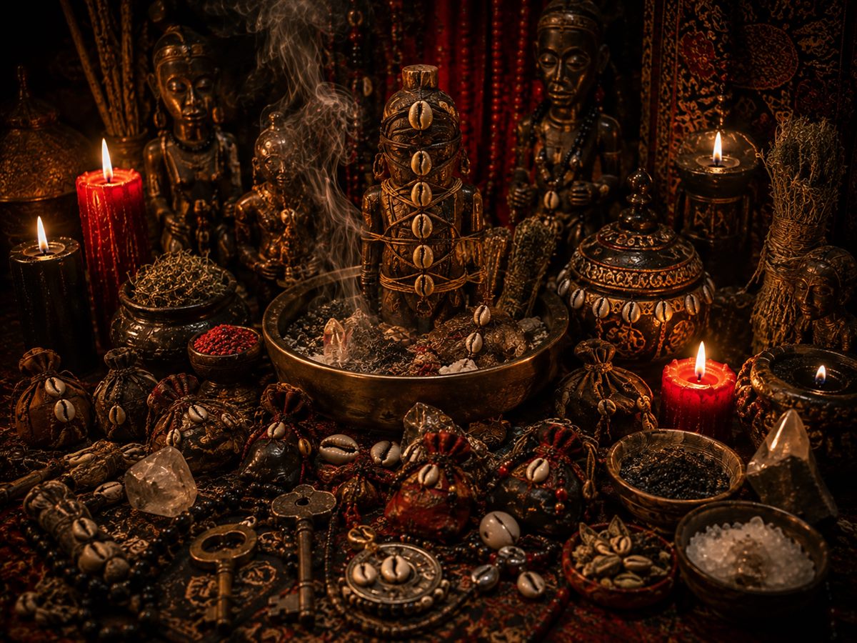 Talisman de protection en cauris entouré de bougies rouges