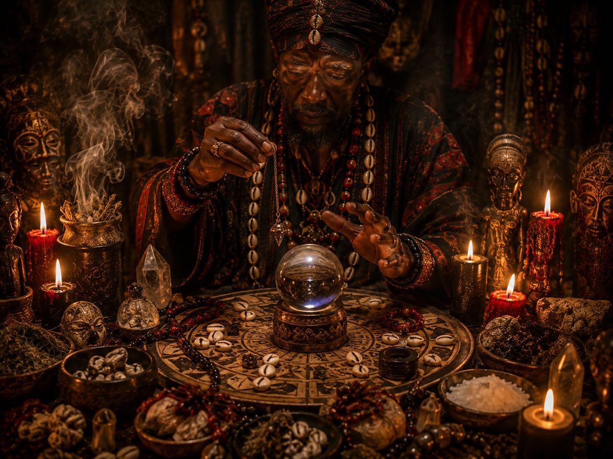 Boule de cristal et pendule sur une table de voyance